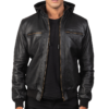 Black Leather Bomber Jacket - Image 4