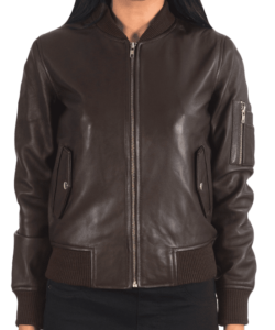 Women Brown Leather Bomber Jacket