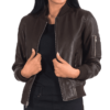 Women Brown Leather Bomber Jacket - Image 2