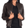 Women Brown Leather Bomber Jacket - Image 3