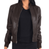 Women Brown Leather Bomber Jacket - Image 4
