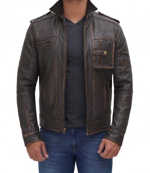 Men's Distressed Brown Cafe Racer Leather Jacket