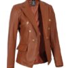 Women's Cognac Leather Blazer Brown - Image 3