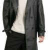 Men's Double Breasted Black Leather Trench Coat - Image 2
