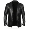 Men's Black Leather Notch Lapel Blazer Jacket