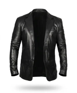 Men's Black Leather Notch Lapel Blazer Jacket
