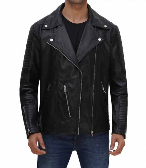Black Quilted Asymmetrical Leather Jacket For Mens