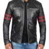 Hunters Men's Black Cafe Racer Leather Jacket With Red Stripes - Image 2