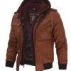 Men's Brown Bomber Leather Jacket with Removable Hood - Image 3