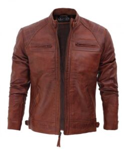 Johnson Cognac Wax Quilted Cafe Racer Leather Jacket