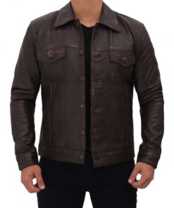 Dark Brown Men's Leather Trucker Jacket