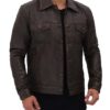 Dark Brown Men's Leather Trucker Jacket - Image 3