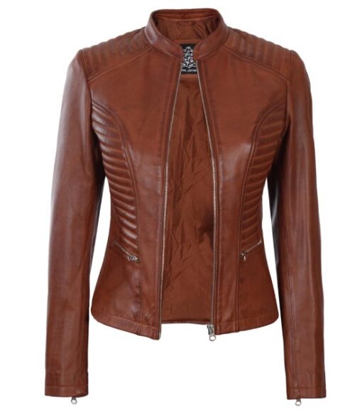 Rachel Cognac Wax Cafe Racer Leather Jacket