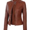 Rachel Cognac Wax Cafe Racer Leather Jacket - Image 2