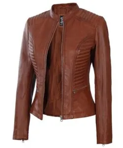Alternative view of Rachel Cognac Wax Cafe Racer Leather Jacket