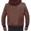 Brown Leather Hooded Bomber Jacket for Men - Image 3