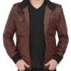 Brown Leather Hooded Bomber Jacket for Men - Image 2