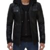 Men's Black Bomber Leather Jacket with Removable Hood