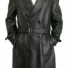 Men's Double Breasted Black Leather Trench Coat