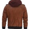 Men's Brown Bomber Leather Jacket with Removable Hood - Image 4