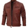 Johnson Cognac Wax Quilted Cafe Racer Leather Jacket - Image 3