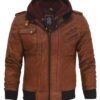 Men's Brown Bomber Leather Jacket with Removable Hood - Image 2