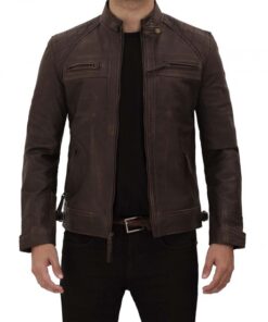 Men's Quilted Cafe Racer Distressed Leather Brown Jacket