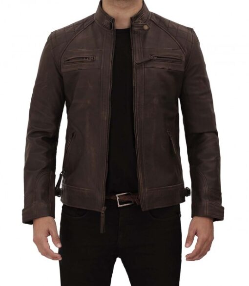 Men's Quilted Cafe Racer Distressed Leather Brown Jacket