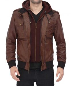 Men's Dark Brown Leather Bomber Jacket with Hood