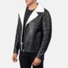 Men's White Shearling Black Leather Jacket - Image 3