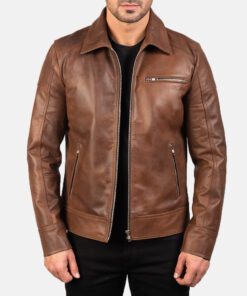 Men's Justin Cowhide Biker Leather Jacket Brown