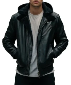black leather hooded biker jacket