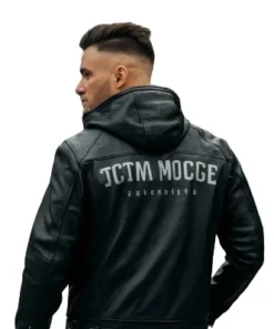 faux leather hooded biker jacket