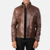 Men's Distress Brown Leather Biker Jacket - Image 4