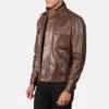 Men's Distress Brown Leather Biker Jacket - Image 2