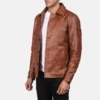 Men's Distressed Waffle Brown Leather Jacket - Image 4