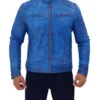 Men's Light Blue Leather Biker Jacket - Image 3