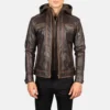 Rubin's Vintage Brown Hooded Leather Biker Jacket - Image 3