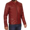 Men's Distressed Maroon Retro Quilted Biker Leather Jacket - Image 2