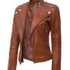 Distressed Women’s Asymmetrical Brown Moto Leather Jacket - Image 2
