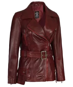 Women Distressed Women’s Asymmetrical Fitted Burgundy Leather Jacket