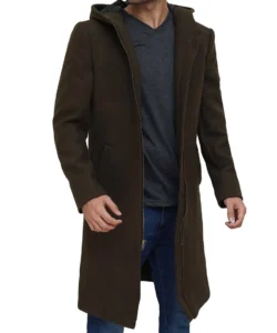 mens jackson olive green long wool coat with attached hood