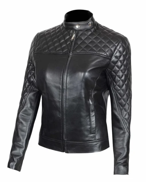 black quilted biker jacket leather for womens