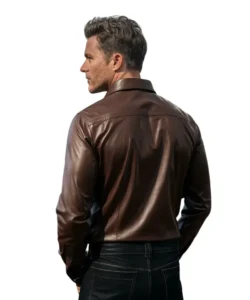 back side image of brown leather button up shirt