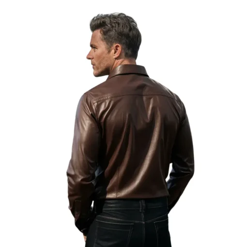 back side image of brown leather button up shirt