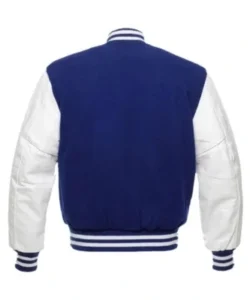 blue and white varsity jacket
