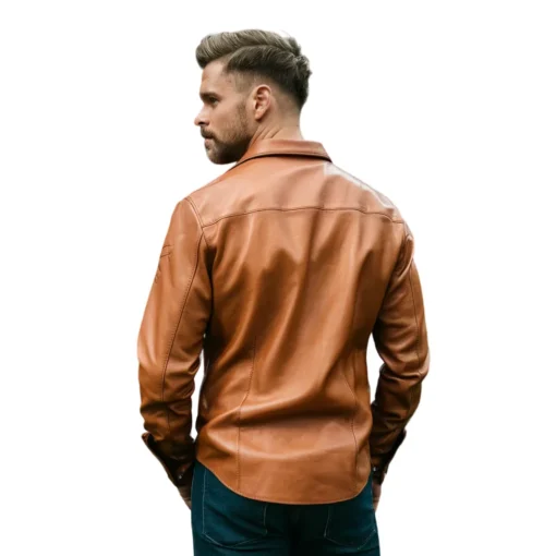 mens brown leather shirt back