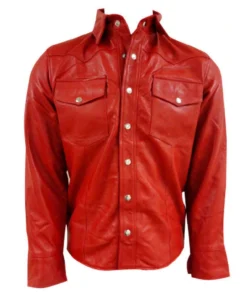 Red Lambskin Leather Shirt Jacket front