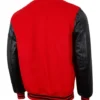 backside of men red varsity jacket
