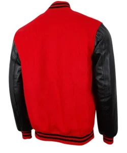 backside of men red varsity jacket
